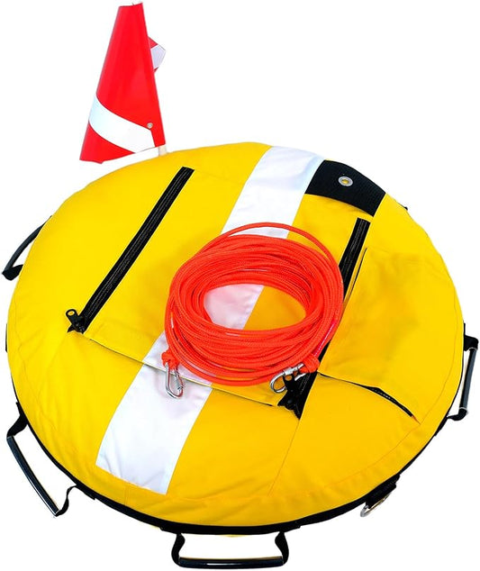 Dive Float Buoy with Flag, Yellow and White, Inflatable Safety Marker with Rope