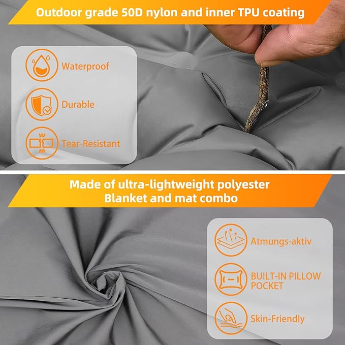 Camping Sleeping Pad, Extra Thick 5 Inch Self Inflating Camping Mat with Ultralight Sleeping Bag Liner Travel Sheet, Camping Pads with Pillow & Foot Pump for Outdoor Hiking, Backpacking, Travel(Grey)