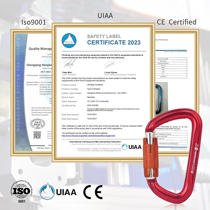 NewDoar 28KN UIAA & CE Certified Auto Climbing Carabiner Professional Heavy Duty Caribeaner for Rappelling D-Shaped