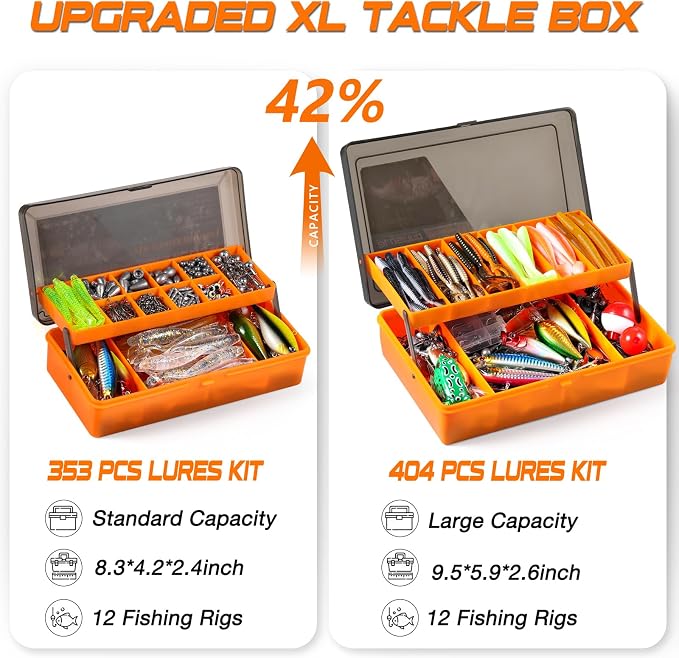 PLUSINNO 353/404 PCS Fishing Lures, Upgrade Fishing Tackle Box with Tackle Included, Crankbaits, Hooks, Weights, Other Accessories, Fishing Lure Bait Gear Equipment Kit Gift for Men Freshwater Bass