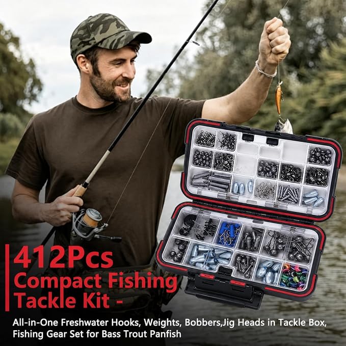 412Pcs Fishing Accessories Kit,Fishing Gift for Men(Red) | Complete Fishing Tackle Kit with Box,Eye Beads,Sinkers&Swivels,Beads& Bobber Stops,Pliers for Freshwater Bass&Trout,
