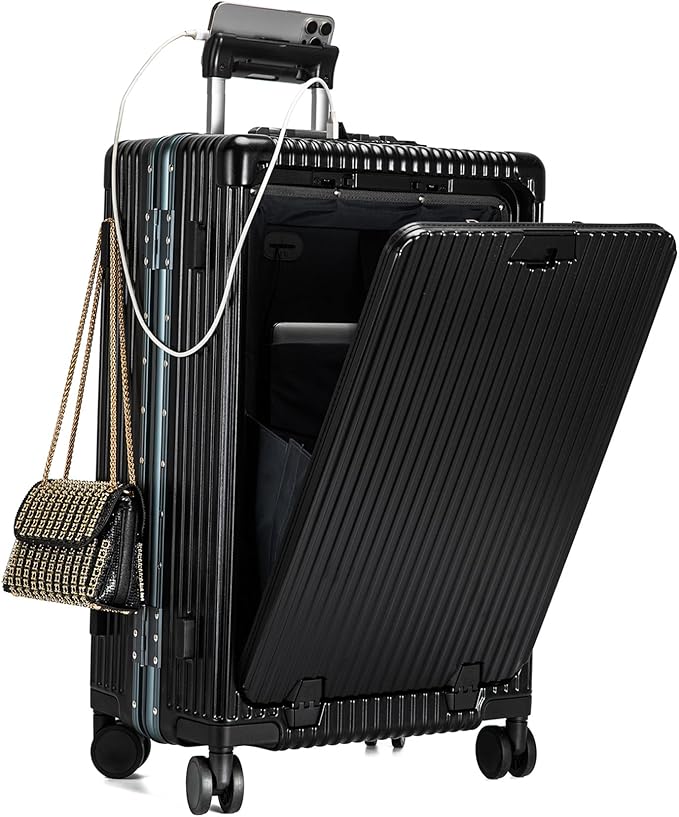 feilario Aluminium Frame PC Hard Shell Spinner Wheels Luggage,22.5"X15"X9.5" Airline Approved Built-In TSA lock Carry on Suitcase, with Cup Holder, USB Port, Phone Holder