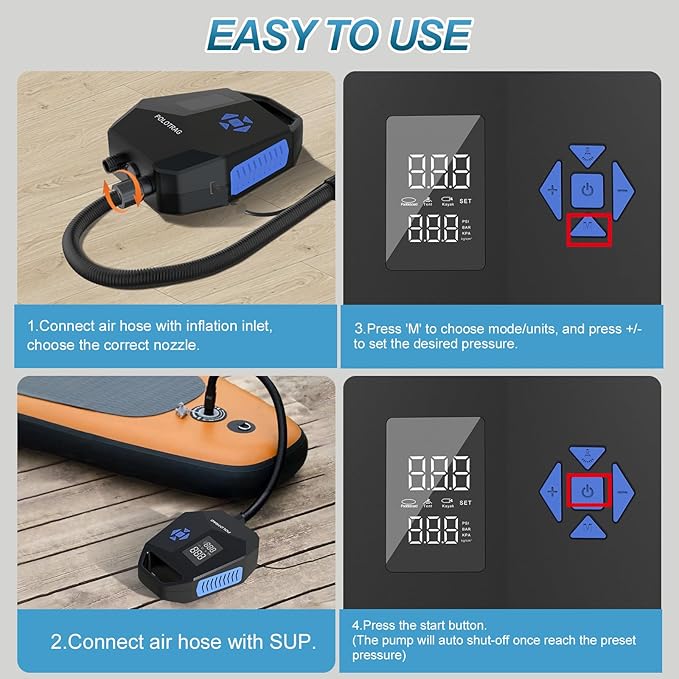 Polotrag Paddle Board Pump, SUP Pump Electric Portable with Auto-Off/Deflation, Dual Stage 12V DC Car Connector Air Pump for Inflatables, Kayak and Air Mattress