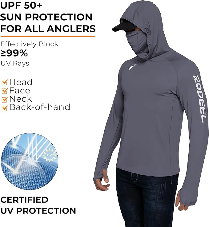 Rodeel Men's UPF 50+ Performance Fishing Hoodie, Long Sleeve Sun Protection Athletic Quick-Dry Breathable T-Shirt