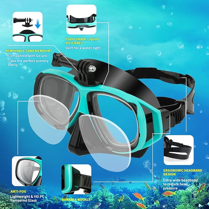 Nearsighted Snorkeling Gear for Adults Youth, Professional Shortsighted Full Dry Top Silicone Snorkel Set, Anti-Fog Diving Mask with Detachable Camera Mount for Scuba Diving, Spearfishing, Freediving