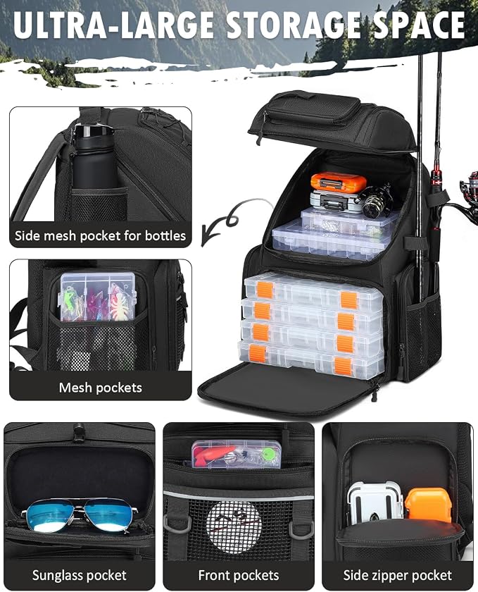 HAMBOLY Fishing Backpack with Tackle Boxes, 50L Fishing Tackle Bag with Cooler & Rod Holders, Waterproof Tackle Bag for Men