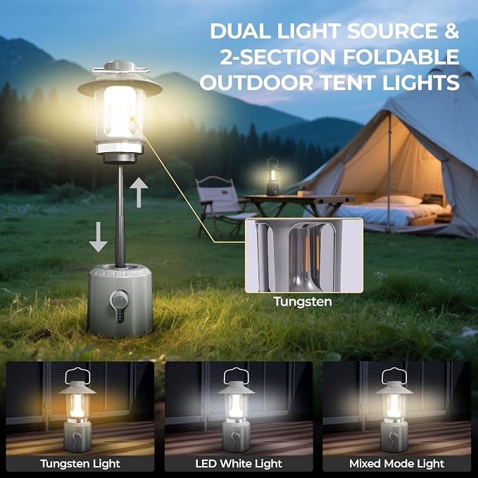 LED Camping Lantern, 8000mAh Telescopic Vintage Rechargeable Lantern, Dual Light Source & 3 Light Modes (2000K-6500K), 360° Lighting Emergency Lights for Camping, Home Power Outage, Hurricane, Hiking
