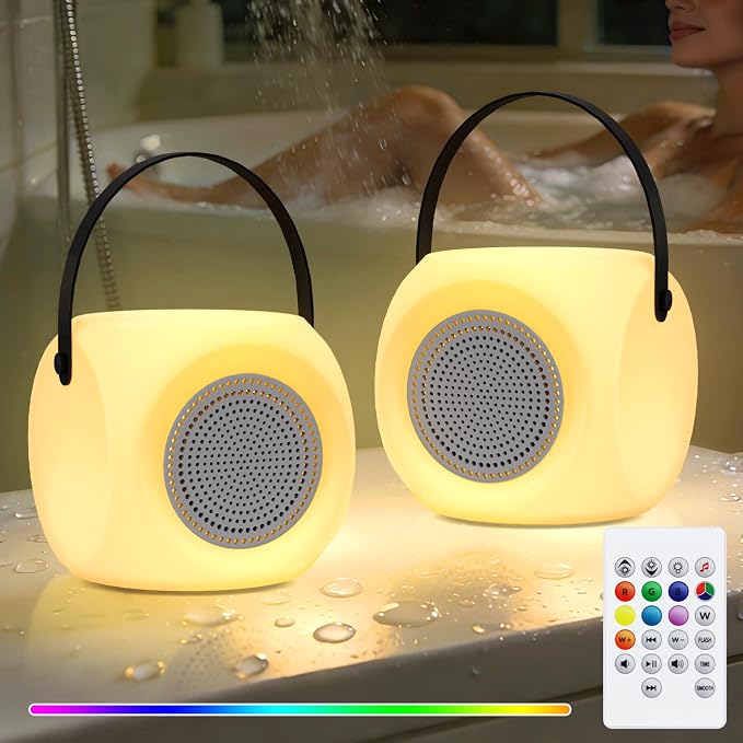 FUYO Shower Lamp with Speaker 16 Colors with Remote, Shower Lights Waterproof, Bluetooth Speakers with Lights Dual Pairing HD Stereo Sound for Indoor Outdoor Bathroom Party Pool Patio (2PCS-Fatty)