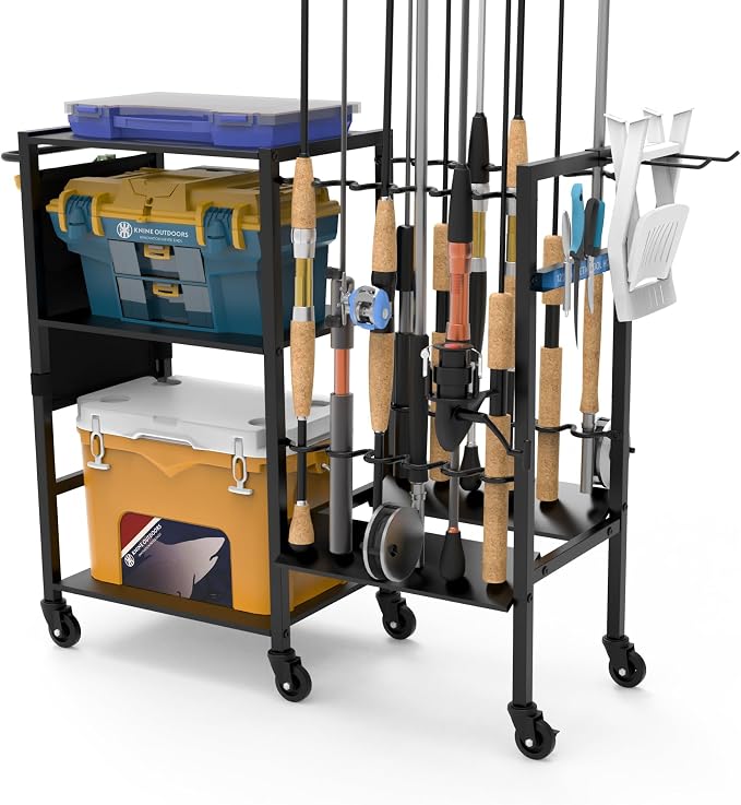 KNINE OUTDOORS Garage Fishing Pole Holders - 12 Rod Holders, 3 Layers of Storage Space for Fishing Gear and Equipment