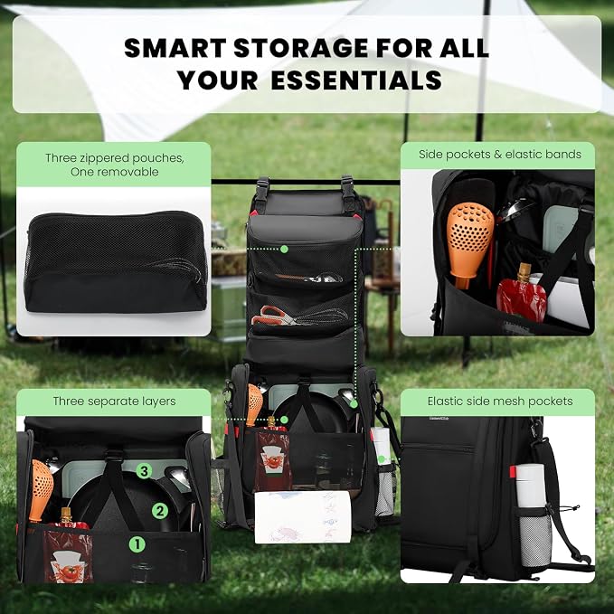 Camp Kitchen Organizer, Hanging Cooking Tools Storage Caddy Bag with Paper Towel Holder & Multi-Pockets, Portable Camping Utensils Kitchen Cookware Bag, Car Travel, Picnic, BBQ Essentials Camping Gift