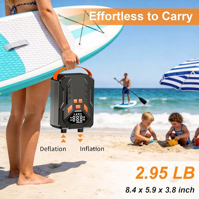 Rechargeable 20PSI Electric Paddle Board Pump – Dual-Stage Inflation & Deflation, Auto-Off, 7 Nozzles, LED Light, 12V DC Car Connector, Portable SUP Pump for SUP, Inflatable Boat, Tent, Kayak