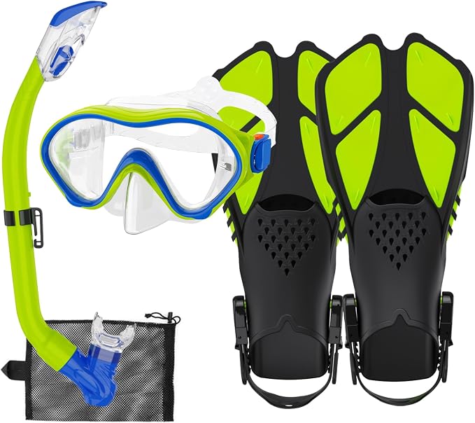 Snorkeling Gear for Kids with Foldable Silicone Full Dry Snorkel, Kids Snorkel Set Anti Leak Youth Junior Snorkeling Package Diving Mask Soft Tube with Mesh Bag Scuba Swimming Goggles