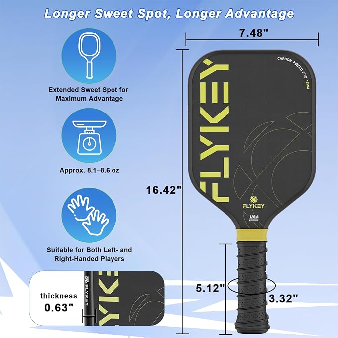 FLYKEY Pickleball Paddles, T700 Carbon Fiber Pickleball Paddle with a 16mm Shark Power Polymer Core, USAPA Approved Pickle Ball Paddle, Strong Spin and Power Surface,Strong Shock Absorption