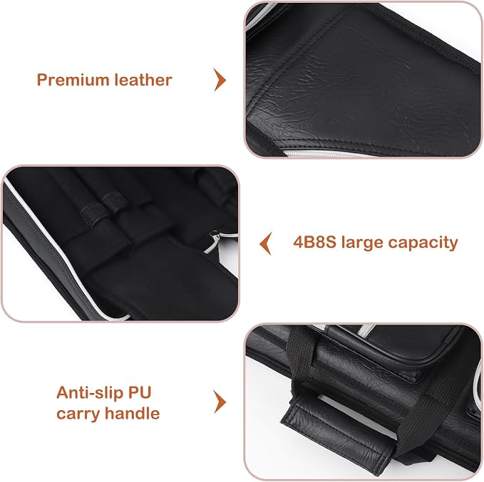 4x8 Pool Cue Case Billiard Stick Carrying Case Leatherette Soft Cue Bag Hold 4 Butts 8 Shafts (Black and Camel)