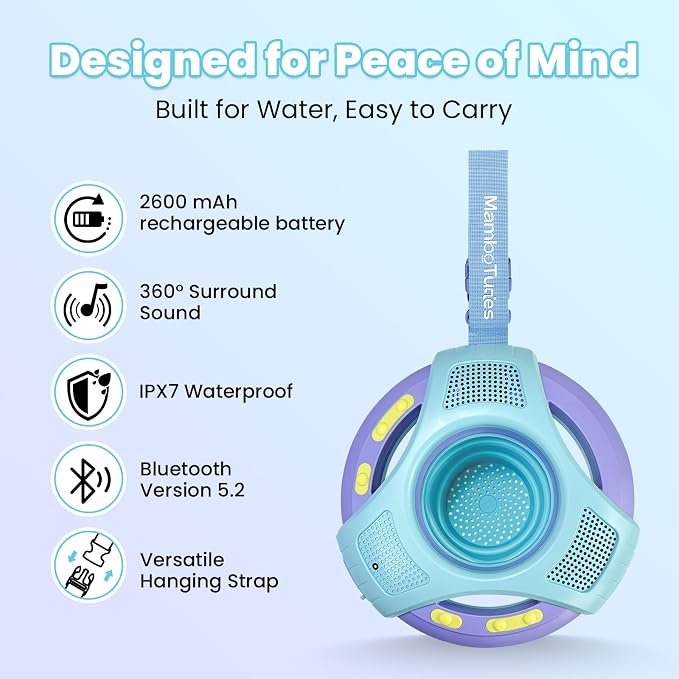 Mambobaby Float Bluetooth Speaker with Foldable Cup Holder, IPX7 Waterproof Bathroom Speaker, 360° Surround Sound, Colorful LED Lights, Dual Speakers, Ideal for Pool, Beach & Outdoor Use-Blue Purple