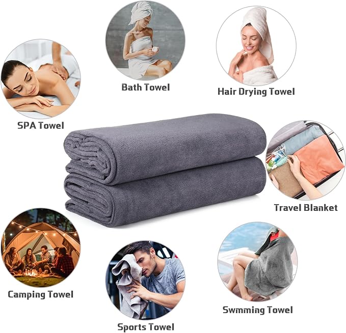 Mixweer 2 Pcs Oversized Bath Towels, 40 x 80 Inch Giant Microfiber Jumbo Bath Sheets Ultra Soft Bathroom Microfiber Quick Dry Absorbent Shower Towels for Spa Camping Beach (Dark Grey)