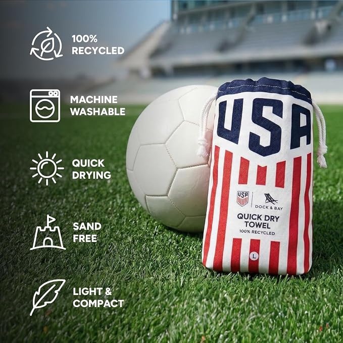 Dock & Bay Beach Towel - Quick Dry, Sand Free - Compact, Lightweight - 100% Recycled - Includes Bag - U.S. Soccer - Large (160x90cm, 63x35)