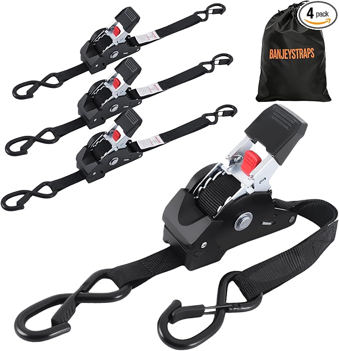 Self Retracting Ratchet Straps 1" x 10' (4-Pack) - Black Heavy Duty Tie Down Straps with Auto Retract, 1540lb Break Strength for Truck, Motorcycle, ATV, Cargo Trailer
