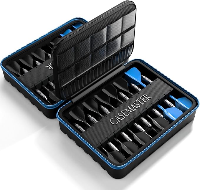 Casemaster Maxx 8 Dart Case, Holds 24 Steel Tip or Soft Tip Darts Fully Assembled, Hard Shell EVA Darts Case, 20 Accessory Pockets, Blue