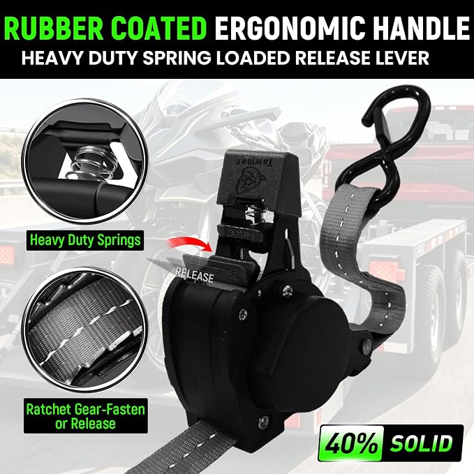 Retractable Ratchet Straps (Patented-2pack) - 1 inch x 10Feet (1,800lb Break Strength) Auto Self Retracting Tie Down Straps - Self Retractable Straps with Refletcive for Motorcyle, Truck or Cargo