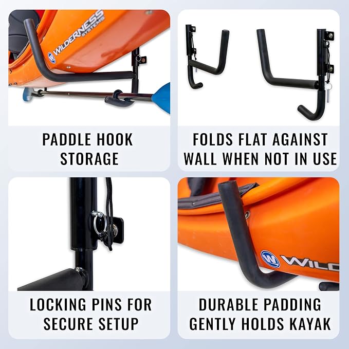 StoreYourBoard Kayak Storage Rack for Garage | Swivel Kayak Wall Mount with Paddle Holder | Indoor Outdoor Folding Kayak Wall Rack for Paddle Board/SUP Storage, Heavy Duty Padded Arms, Holds 100 lbs