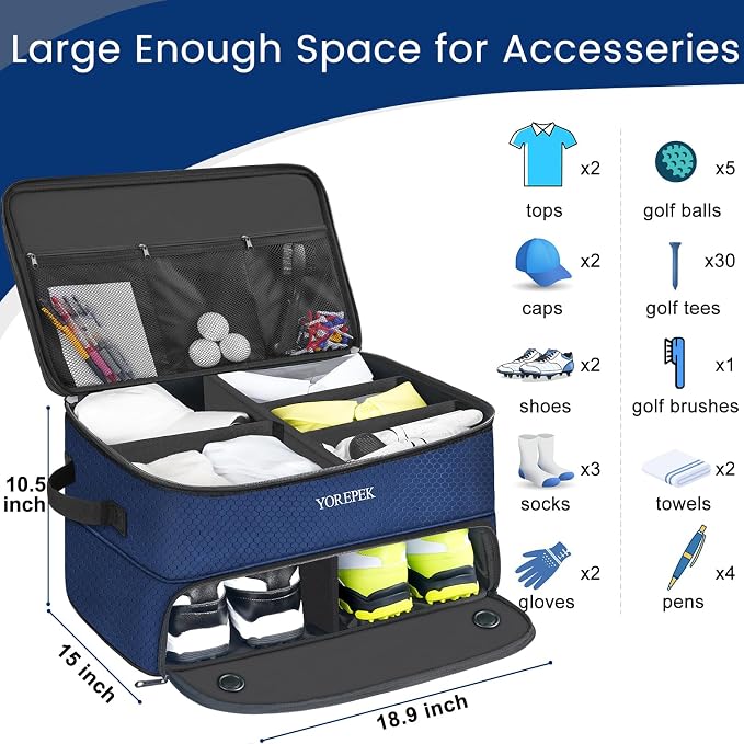 YOREPEK 2 Layer Golf Trunk Organizer, Golf Gifts for Men with Separate Ventilated Compartment for 2 Pair Shoes, Waterproof Car Trunk Locker for Balls, Tees, Clothes, Gloves, Gifts for Golfers