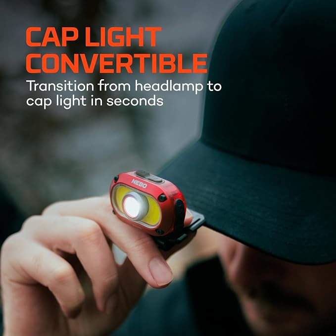 NEBO MYCRO 550+ Headlamp | 550 Lumens, 7 Light Modes, White & Red Light with Spot & Flood, USB-C Rechargeable, Water Resistant, Cap Light Convertible, Bright Light for Camping & Hiking – Red