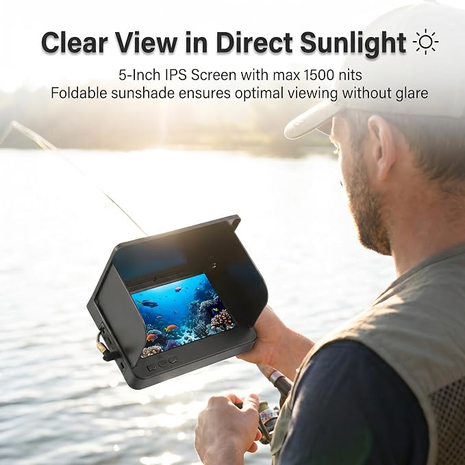 Fish Finder Underwater Fishing Camera: 5-Inch IPS Screen with 1500nit Brightness Long Battery Life 8000mAh USB Charging - IP68 Waterproof 98ft Cable for Ice Fishing Anglers