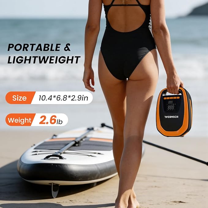 kosmegal Paddle Board Pump Electric Portable, SUP Pump for Paddleboard, 20PSI Air Compressor with Auto-Off, Deflation Function for Inflatables, Kayaks and Boats