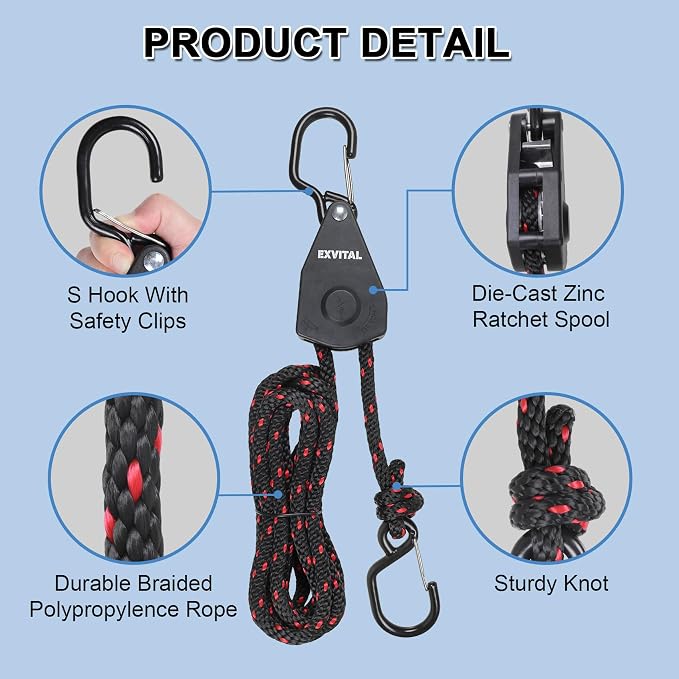 4PCS Kayak Rope Tie Down Ratchet Straps 3/8" ×12' Bow and Stern Tie Down Kayak with Safety S Hook Heavy Duty Ratchet Rope Kayaks and Canoe Accessories Black