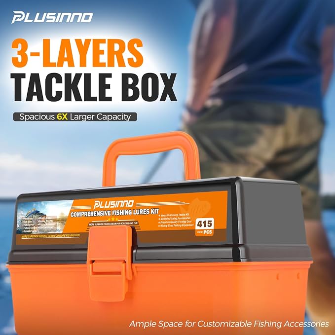 PLUSINNO Large 3 Layers Fishing Tackle Box Lures Kit with Tackle Included | Gifts for Men Kids Starter Kits, Tackle Included, Portable Fishing Gear with Pliers, Baits, Hooks, Weights Accessories