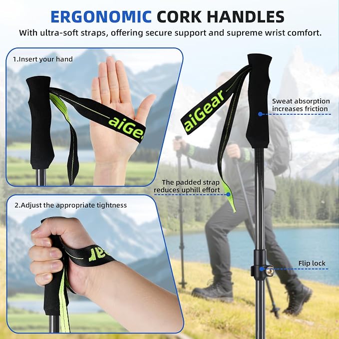aiGear Carbon Fiber Trekking Poles, Ultra Strong Lightweight Collapsible Hiking Poles with Cork Grips Quick Flip Locks & All-Terrain Accessories for Men & Women Backpacking Camping