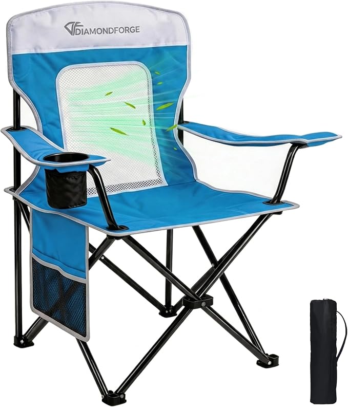 Camping Chair, 300 LBS Breathable Mesh Lawn Chairs Folding (Blue White) | High Back, Portable Outdoor Folding Camping Chair for Adults, with Cup Holder for Picnic, Lawn, Beach, Fishing and Sports