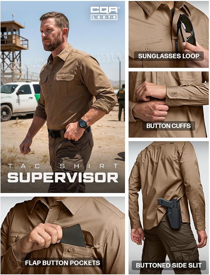 CQR Men's Long Sleeve Tactical Shirts, Ripstop Military Work Shirts, UPF 50+ Breathable Button Down Outdoor Hiking Shirt