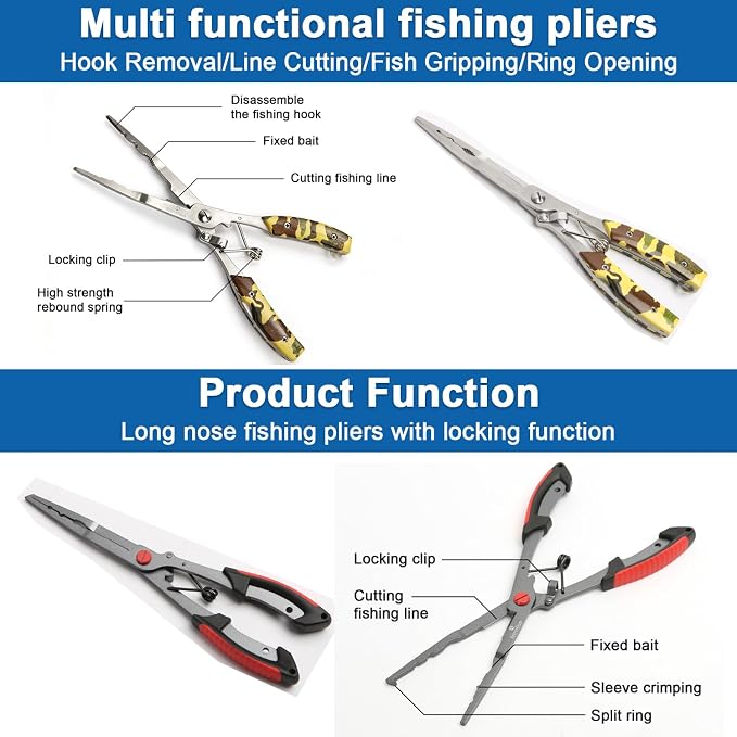 Fishing Pliers Kit 3 in 1 Fishing Tools Set with Long Nose Fishing Pliers Teflon Coated Needle Nose Pliers and Fishing Scissors Stainless Steel Fishing Tools for Saltwater Freshwater