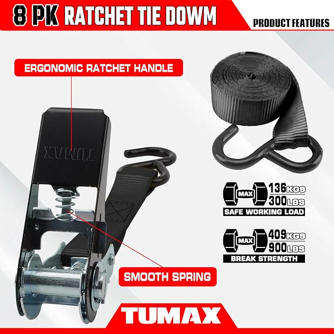 Ratchet Straps, 900 LB Break Strength, 8-Pack 10FT Ratchet Tie Down Straps Set for Motorcycle Straps Tie Downs, Appliances, Lawn Equipment, Logistic Cargo Straps for Trucks (Black)