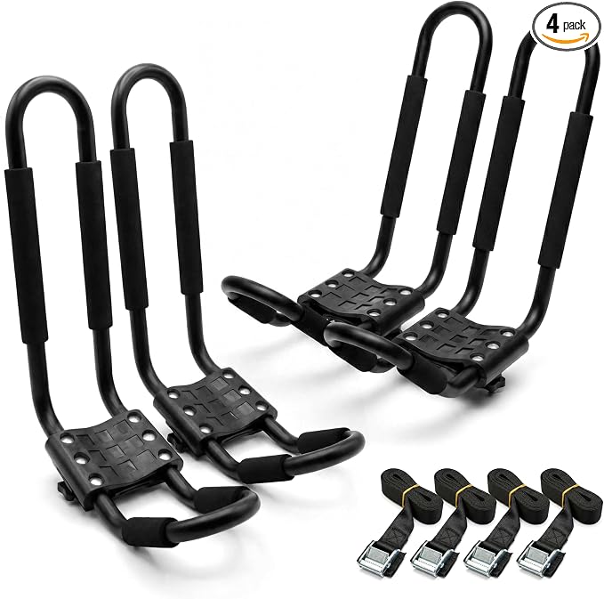 Vallix 2 Pairs Kayak Roof Rack for Car, J-Bar Kayak Carrier for SUV & Trucks, Heavy Duty Top Mount Holder with Straps for Canoe Boat Surfboard, 4 Pcs/Set