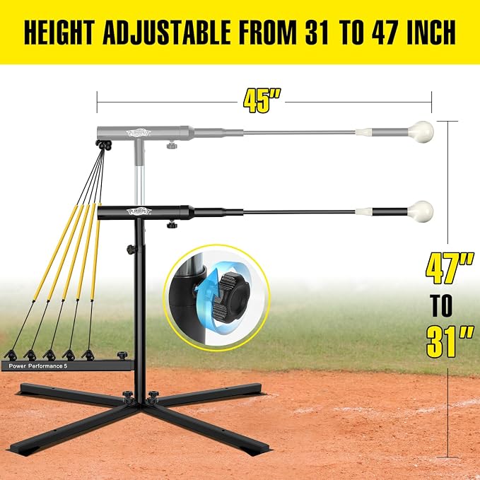 PLAYAPUT Baseball Softball Swing Trainer with 5 Power Bands,Auto Reset Baseball Training Equipment,Baseball Hitting Trainer,Height Adjustable 31-47 inches Softball Swing Trainer Improve Power,Speed