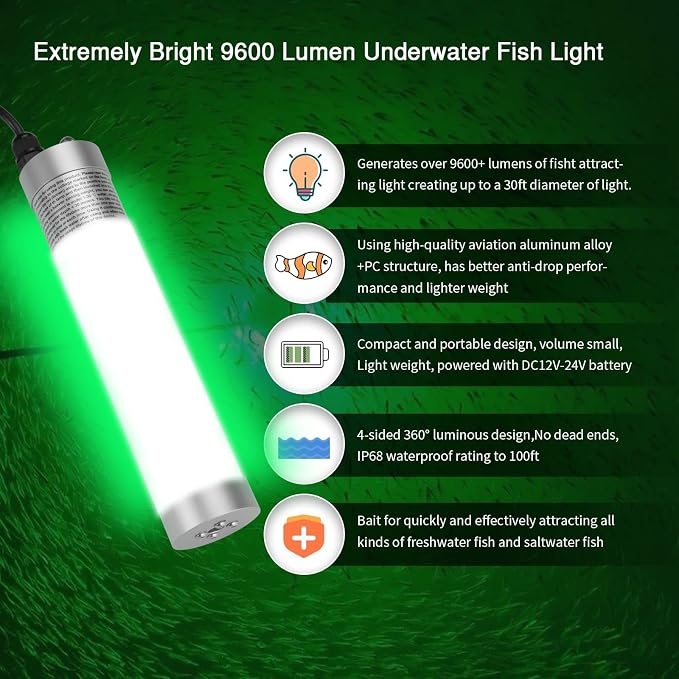 80W 9600lm Underwater Fishing Light, IP68 Waterproof Aluminum Super Bright Night Fish Attracting Submersible LED Lamp Lure Bait Finder for Freshwater Saltwater Sea Kayak Boat Ice Dock (White)