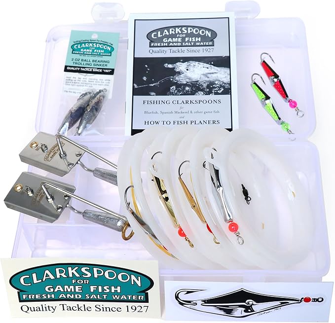 Clarkspoon | Ready to Fish Trolling Kit - Fishing Equipment for Coastal Waters- Great for Spanish Mackerel, Bluefish, Bonito, Tuna, & More - Fishing Kit with Lures, Trolling Sinkers & Planers