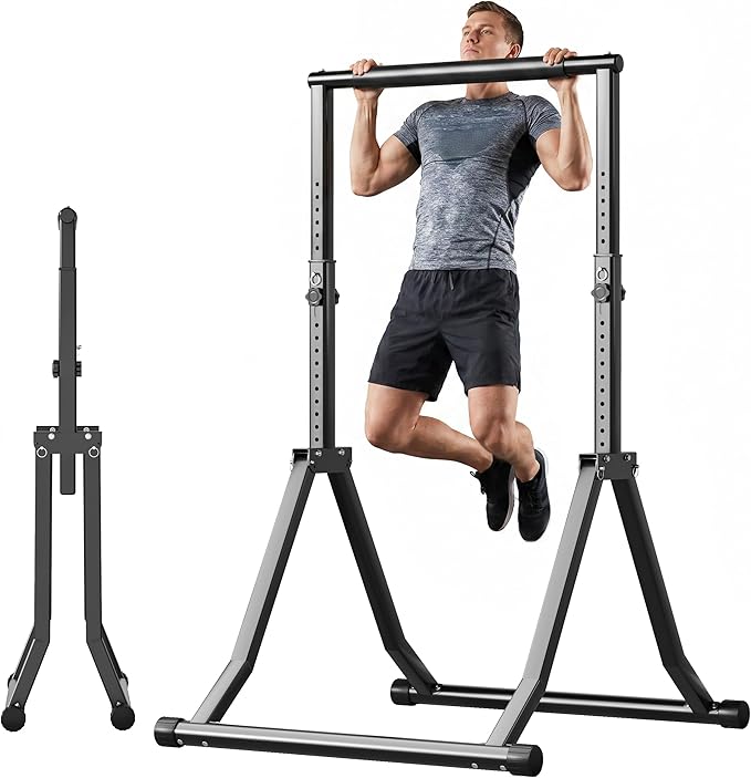 Foldable Power Tower Dip Station for Pull Ups, 66.1"-84.6" 12 Level 700 LBS, Adjustable Dip Handles & Assistance Bands Foldable Home Gym Equipment