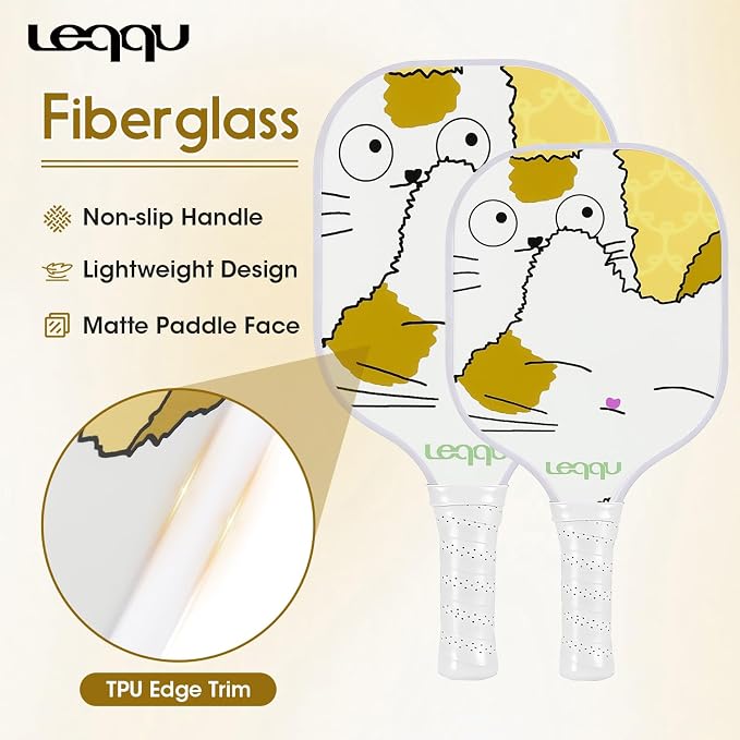 Fiberglass Pickleball Paddles Set of 2, Lightweight Pickle Ball Rackets Kit with Honeycomb Core Control Durable, 4 Outdoor Indoor Balls and Carrying Bag for Men Women