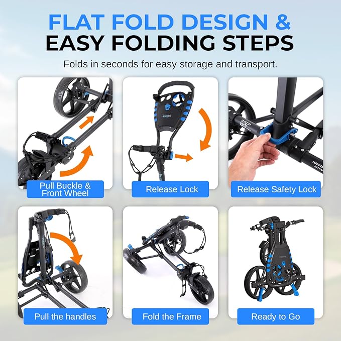 SereneLife Golf Push Pull Cart – Lightweight, Foldable, Bag Holder with Adjustable Handle, Caddy Accessories, Compact Folding Golf Trolley for Travel
