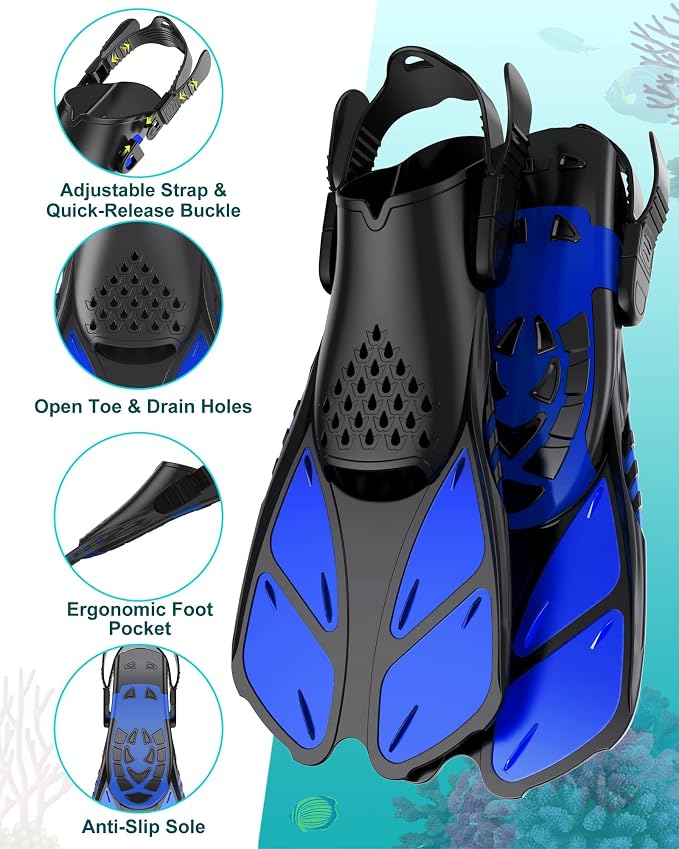 Viginsul Mask Fins Snorkeling Gear for Adults, Full Face Snorkel Mask & Adjustable Swim Fins Snorkel Set, Panoramic View Snorkel Mask Dry Top Anti-Fog Anti-Leak