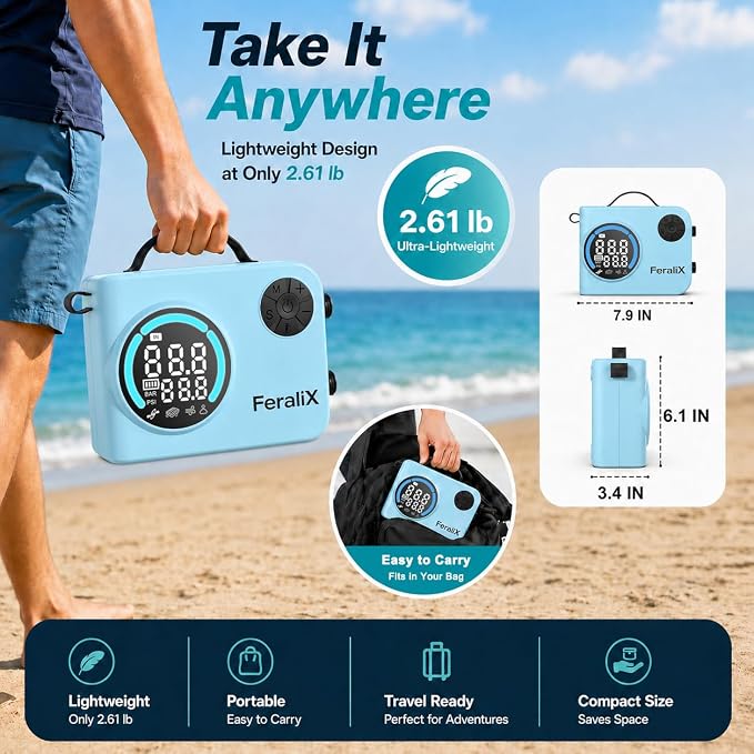 Electric Paddle Board Pump, 20 PSI Rechargeable SUP Air Compressor with Auto Shut-Off, Dual Stage Inflation & Deflation for Paddleboards, Kayaks, Boats