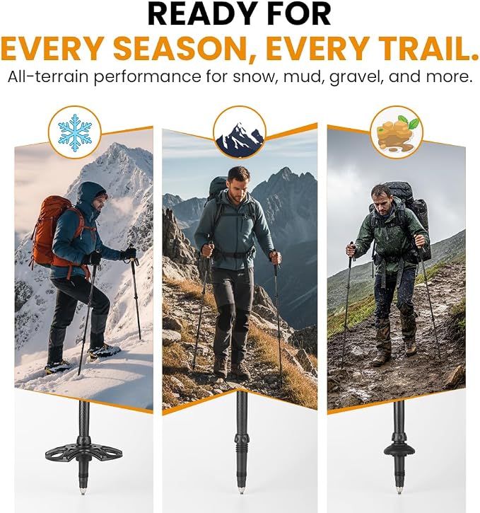 3K Carbon Fiber Trekking Poles, Collapsible Set of 2 Lightweight Adjustable Hiking Poles 24.5"-54" with Cork Grip, Tungsten Carbide Tips, Black, Includes Carry Bag, Snow & Mud Baskets