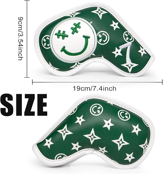 Barudan Golf Iron Head Covers, Golf Iron Covers Set 10pcs #4-9 Aw, PW, SW, Xw, Fits All Brands, Green, Emoji Pattern, Hook & Loop Closure, Faux Leather Material, Golf Gifts for Men/Women Golfers