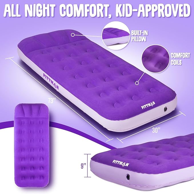 Pittman - Kids Air Mattress - Deluxe Kids Inflatable Bed with Electric Pump & Durable Backpack - Perfect Teen to Toddler Blow up Mattress for Sleepovers, Camping or Childs Travel Bed