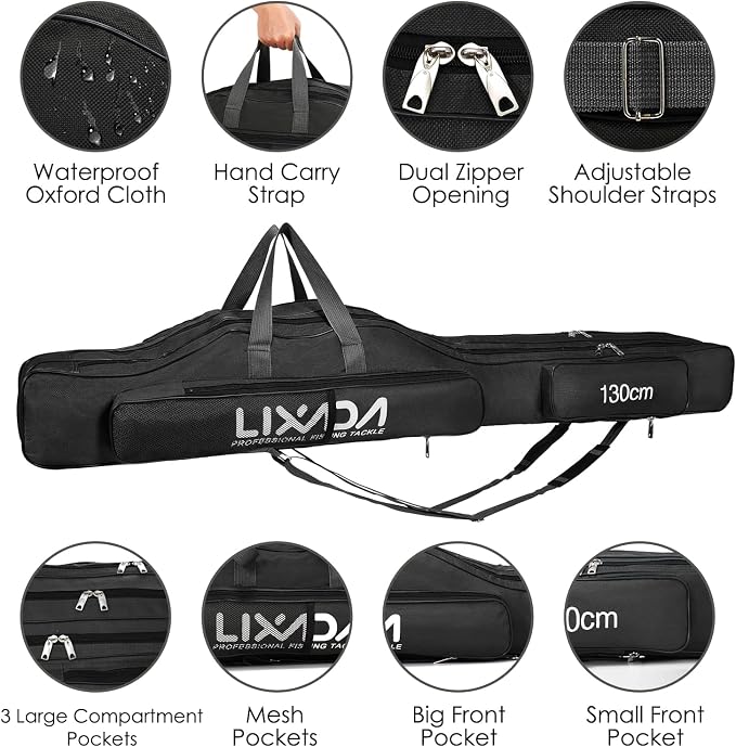 Lixada Fishing Rod Case, 3 Layers Oxford Fishing Rod Bag, Portable Foldable Fishing Pole Bag, Fishing Rod Carrier Fishing Tackle Storage Bag Travel Carry for Fishing Gear & Equipment