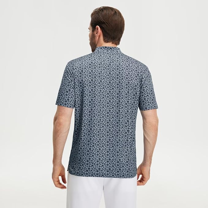 M MAELREG Golf Shirts for Men Collarless Performance Dry Fit Stretch Henley Casual Printed Mens Polo Shirts Short Sleeve